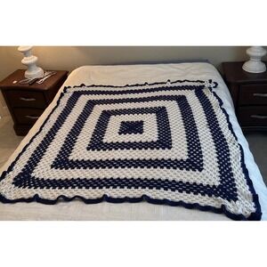 VTG Afghan Crochet Couch Blanket Throw Granny Square Blue White Hand Made 51"x55